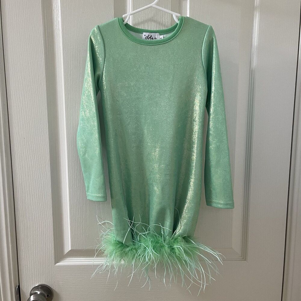 Lola + The Boys Green Shimmering Metallic Feather Dress Long Sleeve Girls Size 4